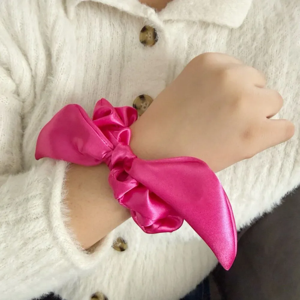 Luxury Hot Pink Satin Bow Scrunchie Handmade – Statement Hair Accessory - Picture 4 of 16